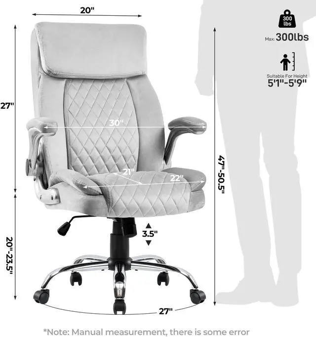 Alt view image 7 of 7 - COLERLINE Velvet Ergonomic Office Chair, Adjustable Arms Wide Managerial Executive Home Desk Computer Chair Big and Tall with High Back Lumbar Support Wheels Comfortable Grey