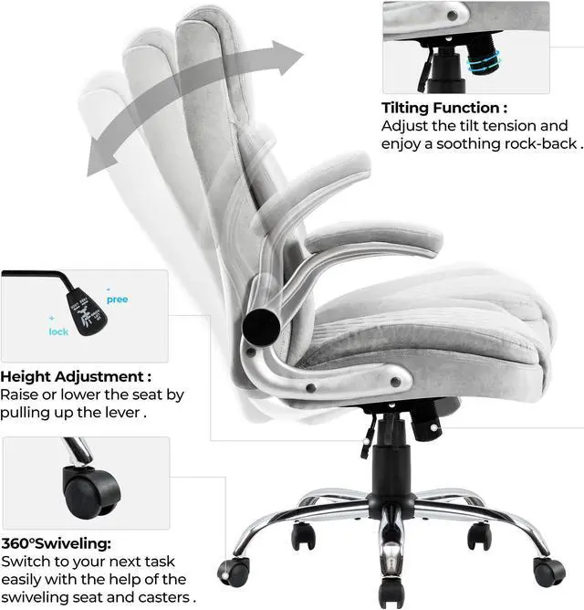 Alt view image 6 of 7 - COLERLINE Velvet Ergonomic Office Chair, Adjustable Arms Wide Managerial Executive Home Desk Computer Chair Big and Tall with High Back Lumbar Support Wheels Comfortable Grey