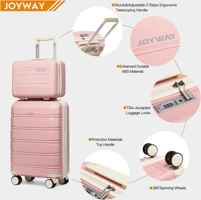 Alt view image 2 of 7 - Joyway Luggage Carry-On Suitcases 20" Lightweight Polypropylene Carrying Case with TSA Lock,Rigid Luggage with Swivel Wheels,14" Cosmetic Bag & 7" Small Bag Pink