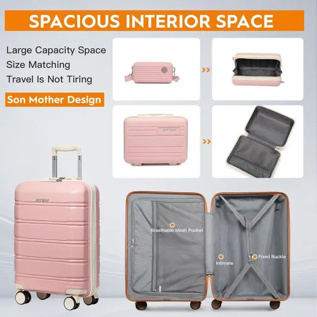 Alt view image 3 of 7 - Joyway Luggage Carry-On Suitcases 20" Lightweight Polypropylene Carrying Case with TSA Lock,Rigid Luggage with Swivel Wheels,14" Cosmetic Bag & 7" Small Bag Pink