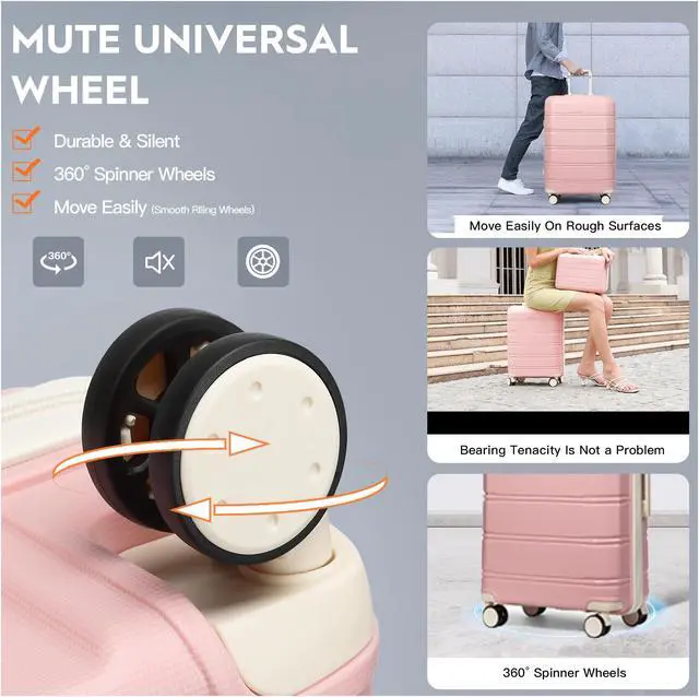 Alt view image 4 of 7 - Joyway Luggage Carry-On Suitcases 20" Lightweight Polypropylene Carrying Case with TSA Lock,Rigid Luggage with Swivel Wheels,14" Cosmetic Bag & 7" Small Bag Pink