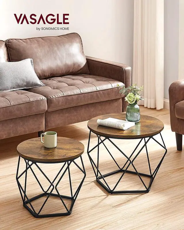 Alt view image 2 of 7 - VASAGLE Small Coffee Table Set of 2, Round Coffee Table with Steel Frame, Side End Table for Living Room, Bedroom, Office, Rustic Brown and Black