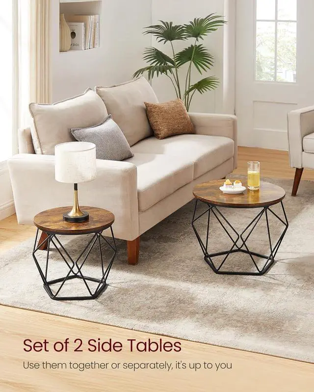 Alt view image 4 of 7 - VASAGLE Small Coffee Table Set of 2, Round Coffee Table with Steel Frame, Side End Table for Living Room, Bedroom, Office, Rustic Brown and Black