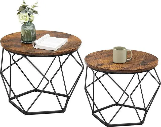Main image of VASAGLE Small Coffee Table Set of 2, Round Coffee Table with Steel Frame, Side End Table for Living Room, Bedroom, Office, Rustic Brown and Black