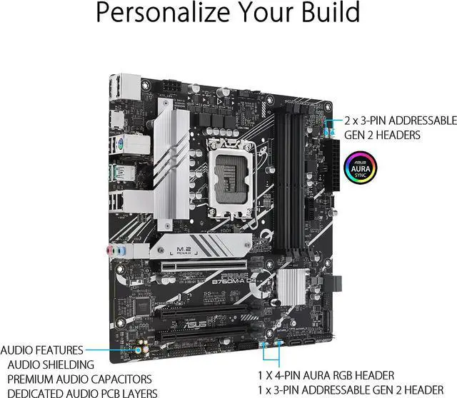 Alt view image 3 of 4 - ASUS PRIME B760M-A D4 Intel LGA 1700 B760 MicroATX M.2 Desktop Motherboard B