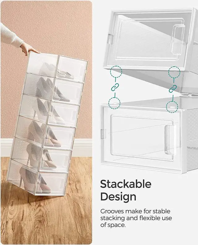 Alt view image 3 of 7 - SONGMICS Shoe Boxes, Pack of 12 Shoe Storage Organizers, Stackable Clear Plastic Boxes for Closet, Fit up to US Size 11, Transparent and White ULSP12SWT