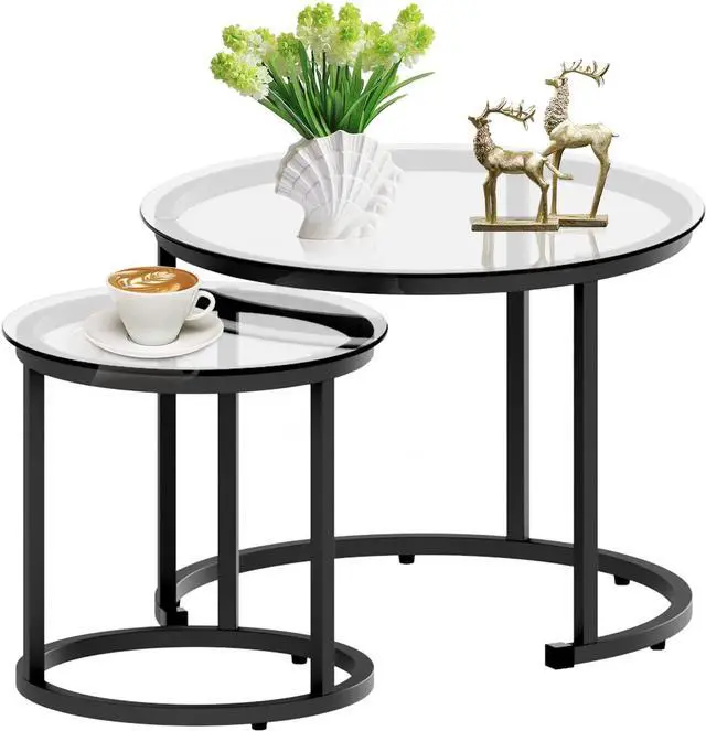 Main image of aboxoo Black Nesting Coffee Glass Table Set of 2, Metal Freme Side End Tables for Living Room Bedroom for Apartment Small Place Modern Industrial Simple, 23.6D x 23.6W x 17.7H in