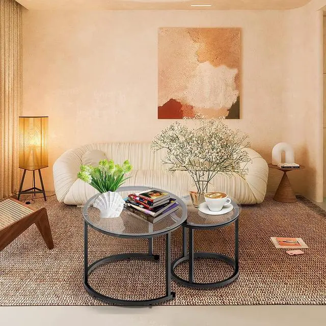 Alt view image 2 of 7 - aboxoo Black Nesting Coffee Glass Table Set of 2, Metal Freme Side End Tables for Living Room Bedroom for Apartment Small Place Modern Industrial Simple, 23.6D x 23.6W x 17.7H in