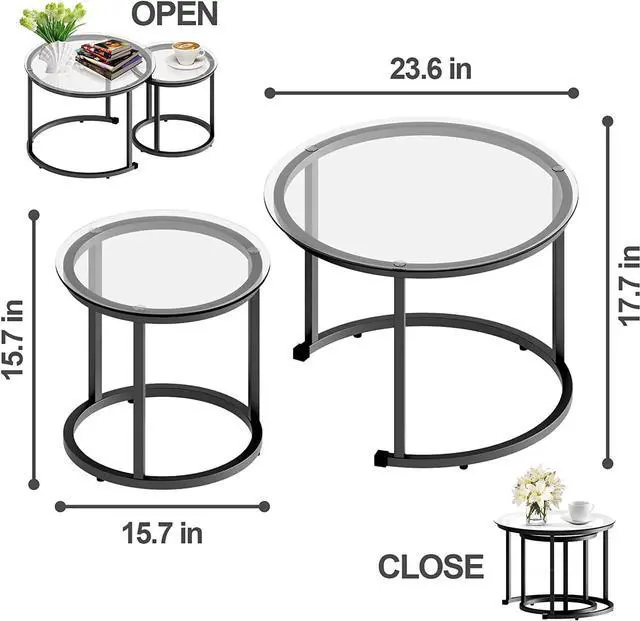 Alt view image 3 of 7 - aboxoo Black Nesting Coffee Glass Table Set of 2, Metal Freme Side End Tables for Living Room Bedroom for Apartment Small Place Modern Industrial Simple, 23.6D x 23.6W x 17.7H in