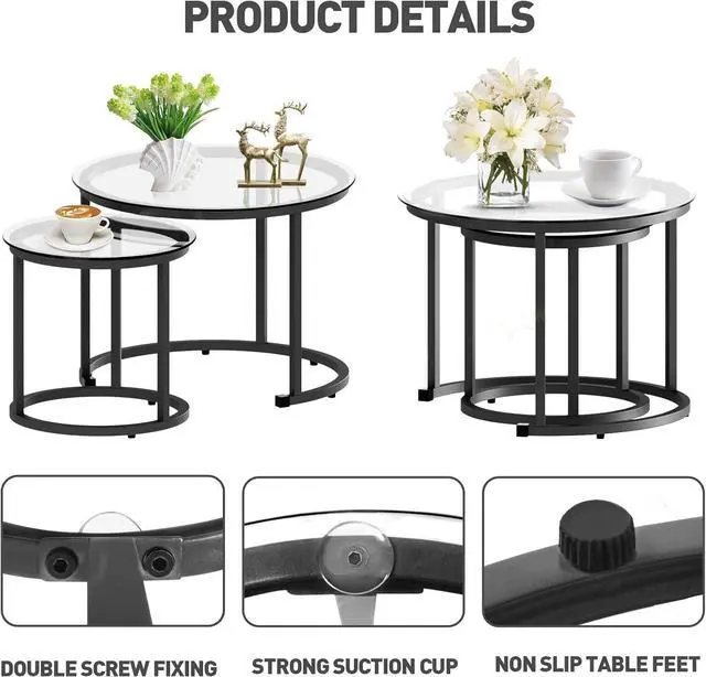 Alt view image 4 of 7 - aboxoo Black Nesting Coffee Glass Table Set of 2, Metal Freme Side End Tables for Living Room Bedroom for Apartment Small Place Modern Industrial Simple, 23.6D x 23.6W x 17.7H in