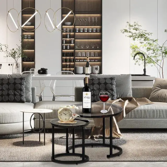 Alt view image 5 of 7 - aboxoo Black Nesting Coffee Glass Table Set of 2, Metal Freme Side End Tables for Living Room Bedroom for Apartment Small Place Modern Industrial Simple, 23.6D x 23.6W x 17.7H in