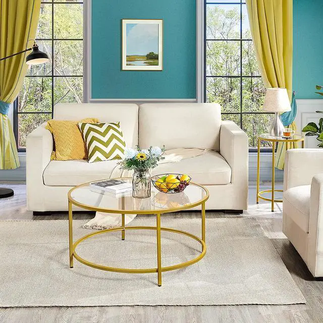 Alt view image 2 of 7 - Yaheetech Gold Glass Coffee Table for Living Room, 36" Round Glass Coffee Table with Metal Frame, Modern Circle Coffee Table for Home, Office, Apartment
