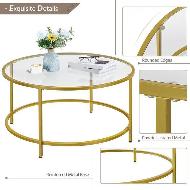 Alt view image 5 of 7 - Yaheetech Gold Glass Coffee Table for Living Room, 36" Round Glass Coffee Table with Metal Frame, Modern Circle Coffee Table for Home, Office, Apartment