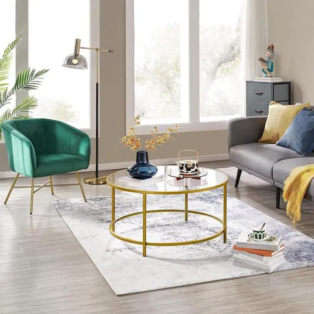 Alt view image 4 of 7 - Yaheetech Gold Glass Coffee Table for Living Room, 36" Round Glass Coffee Table with Metal Frame, Modern Circle Coffee Table for Home, Office, Apartment