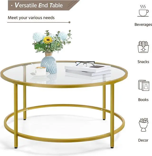 Alt view image 7 of 7 - Yaheetech Gold Glass Coffee Table for Living Room, 36" Round Glass Coffee Table with Metal Frame, Modern Circle Coffee Table for Home, Office, Apartment
