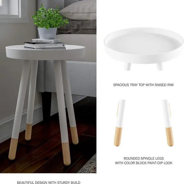 Alt view image 3 of 7 - Round End Table - 2-Tone Mid-Century Modern Home Accent Table with Tray Top for Living Room, Bedroom, or Office by Lavish Home (White)