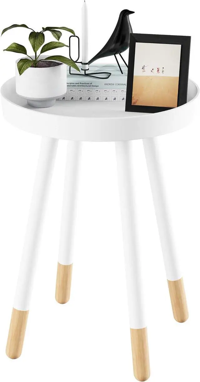 Alt view image 7 of 7 - Round End Table - 2-Tone Mid-Century Modern Home Accent Table with Tray Top for Living Room, Bedroom, or Office by Lavish Home (White)