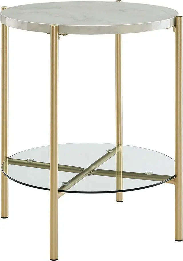 Main image of Walker Edison Blaine Mid Century Modern Marble and Glass Round Accent Table , 20 Inch, Marble and Gold
