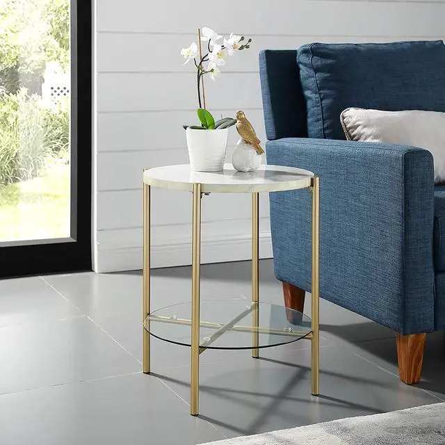 Alt view image 2 of 5 - Walker Edison Blaine Mid Century Modern Marble and Glass Round Accent Table , 20 Inch, Marble and Gold