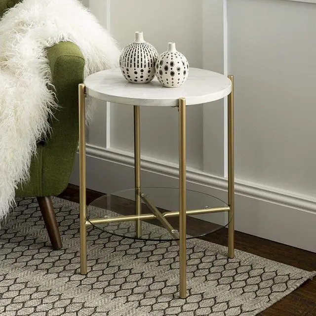Alt view image 4 of 5 - Walker Edison Blaine Mid Century Modern Marble and Glass Round Accent Table , 20 Inch, Marble and Gold