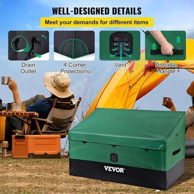 Alt view image 5 of 7 - VEVOR Outdoor Storage Box, 100 Gallon Waterproof PE Tarpaulin Deck Box w/Galvanized Frame, All-Weather Protection & Portable, for Camping, Garden, Poolside, and Yard, Black & Green