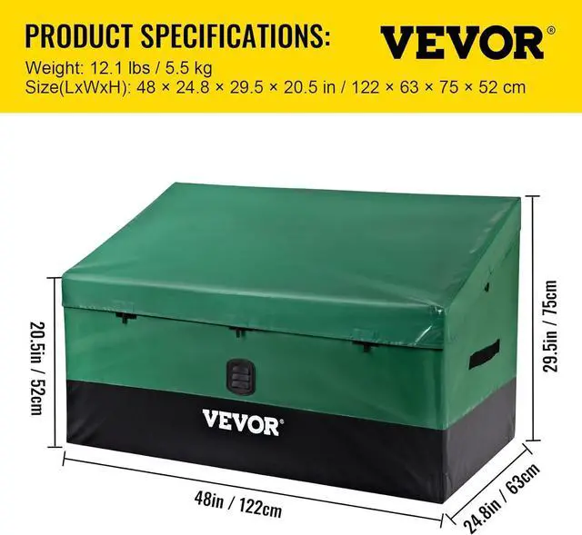 Alt view image 7 of 7 - VEVOR Outdoor Storage Box, 100 Gallon Waterproof PE Tarpaulin Deck Box w/Galvanized Frame, All-Weather Protection & Portable, for Camping, Garden, Poolside, and Yard, Black & Green