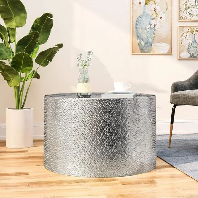 Alt view image 2 of 6 - Christopher Knight Home Rache Modern Round Coffee Table with Hammered Iron, Silver, 26. 00 L x 26. 00 W x 17. 25 H