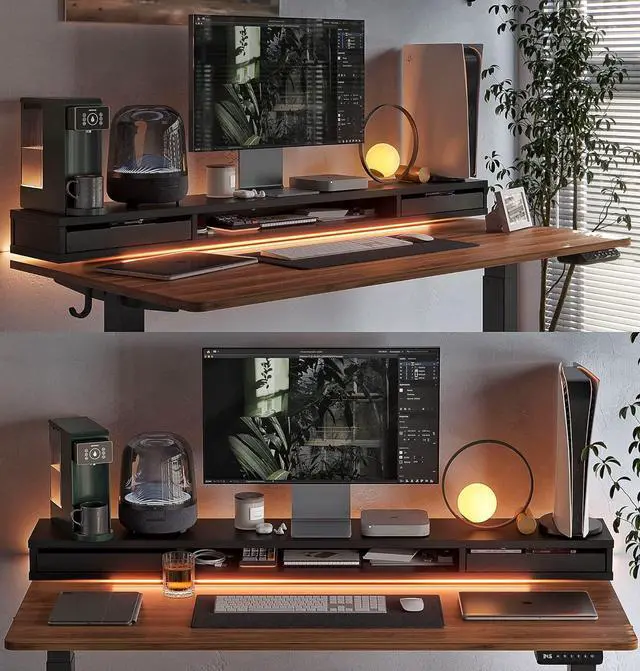 Alt view image 2 of 7 - FEZIBO 55 × 26 Inch Electric Standing Desk with Monitor Stand, Height Adjustable Table with LED Strips, Ergonomic Home Office Furniture with 2 Drawers Storage Gaming Workstation, Black Walnut Top