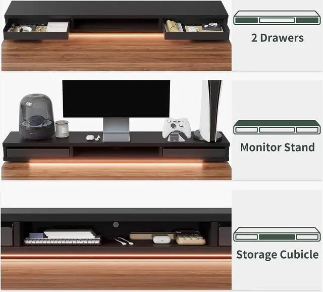 Alt view image 4 of 7 - FEZIBO 55 × 26 Inch Electric Standing Desk with Monitor Stand, Height Adjustable Table with LED Strips, Ergonomic Home Office Furniture with 2 Drawers Storage Gaming Workstation, Black Walnut Top