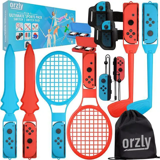Main image of Orzly Switch Sports Games 2024 Accessories Bundle Pack for Nintendo Switch & Switch OLED with Tennis Rackets, Golf Clubs, Chambara Swords, Soccer Leg Straps & Joycon Grips - With Carry Bag