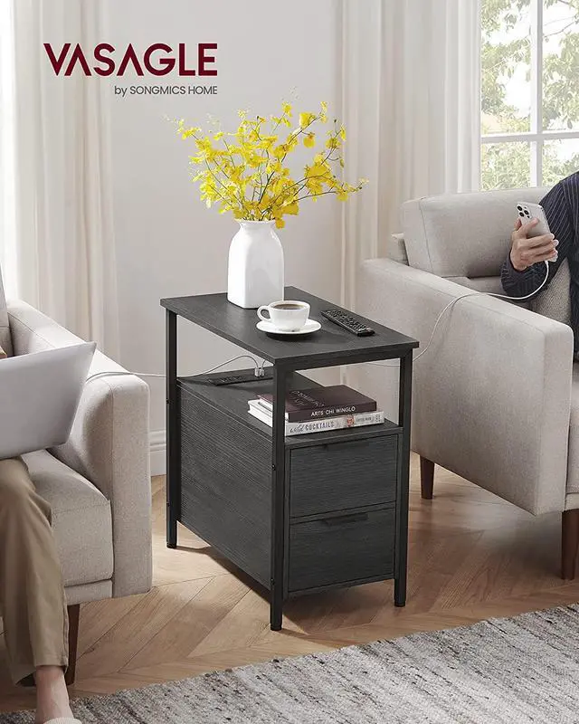 Alt view image 2 of 7 - VASAGLE Side Table with Charging Station, Narrow End Table with 2 Drawers, Slim Nightstand and Bedside Table with Storage, for Small Spaces, Black ULET321B22