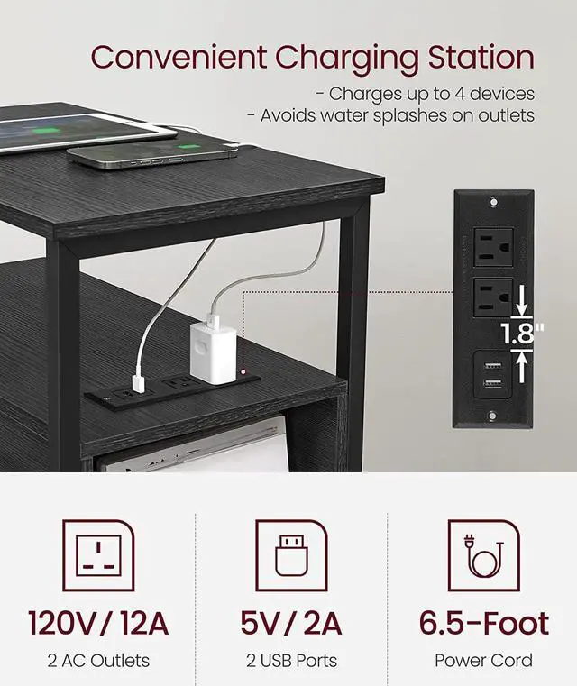 Alt view image 4 of 7 - VASAGLE Side Table with Charging Station, Narrow End Table with 2 Drawers, Slim Nightstand and Bedside Table with Storage, for Small Spaces, Black ULET321B22