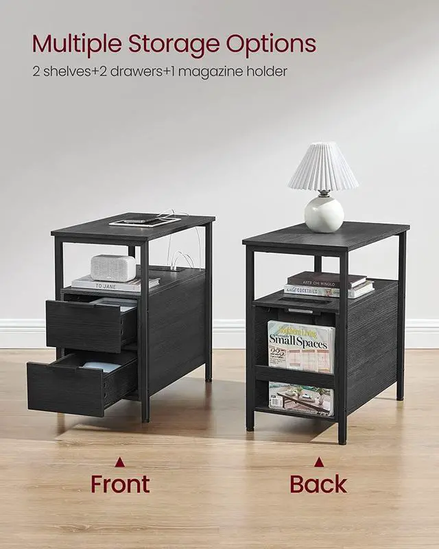 Alt view image 5 of 7 - VASAGLE Side Table with Charging Station, Narrow End Table with 2 Drawers, Slim Nightstand and Bedside Table with Storage, for Small Spaces, Black ULET321B22