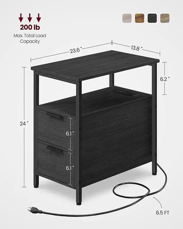 Alt view image 3 of 7 - VASAGLE Side Table with Charging Station, Narrow End Table with 2 Drawers, Slim Nightstand and Bedside Table with Storage, for Small Spaces, Black ULET321B22