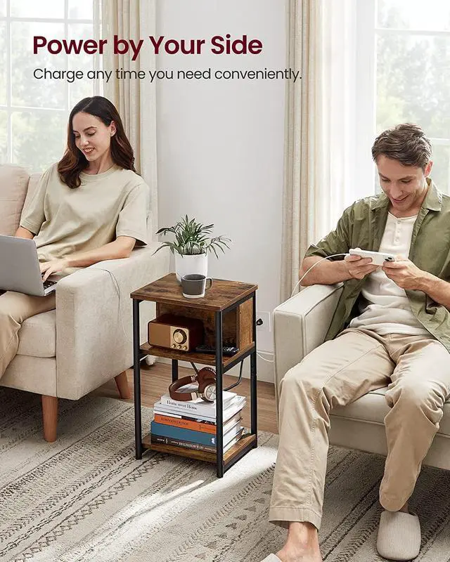 Alt view image 3 of 7 - VASAGLE Side Table with Charging Station, 3-Tier End Table with USB Ports and Outlets, Nightstand for Living Room, Bedroom, 11.8 x 13.4 x 22.8 Inches, Plug-in Series, Rustic Brown and Black