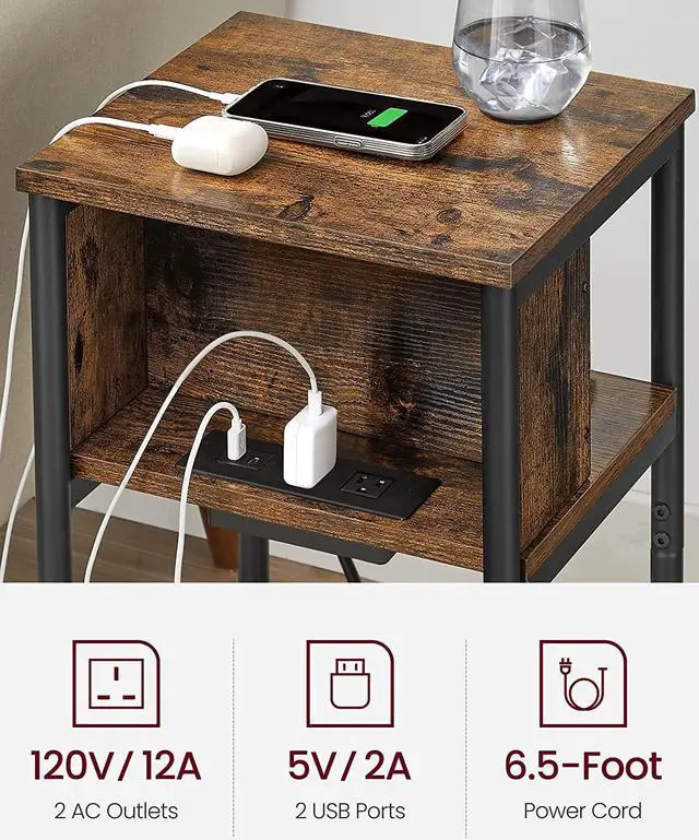 Alt view image 4 of 7 - VASAGLE Side Table with Charging Station, 3-Tier End Table with USB Ports and Outlets, Nightstand for Living Room, Bedroom, 11.8 x 13.4 x 22.8 Inches, Plug-in Series, Rustic Brown and Black