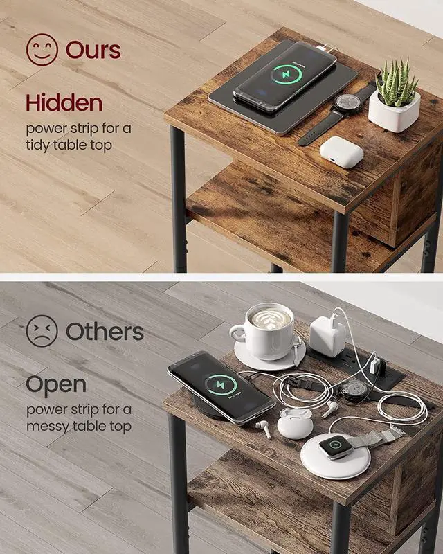 Alt view image 5 of 7 - VASAGLE Side Table with Charging Station, 3-Tier End Table with USB Ports and Outlets, Nightstand for Living Room, Bedroom, 11.8 x 13.4 x 22.8 Inches, Plug-in Series, Rustic Brown and Black