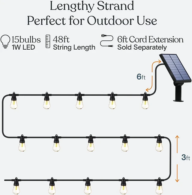 Alt view image 3 of 7 - Brightech Ambience Pro Solar Powered Outdoor String Lights, 48 ft Commercial Grade Waterproof Patio Lights, 15 Edison Bulbs, Shatterproof LED String Lights for Outside, Porch - 1W Soft White