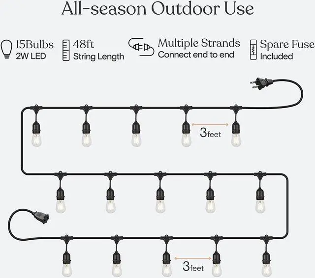Alt view image 3 of 7 - Brightech Ambience Pro - Waterproof LED Outdoor String Lights - 15 Hanging, Dimmable 2W Vintage Edison Bulbs - 48 Ft Commercial Grade Patio Lights Create Cafe Ambience in Your Backyard