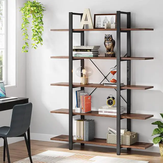 Alt view image 3 of 7 - Tribesigns 5-Tier Bookshelf, Vintage Industrial Style Bookcase 72 H x 12 W x 47L Inches, Retro Brown