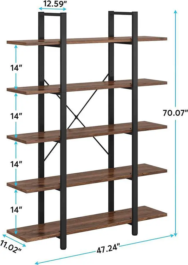 Alt view image 2 of 7 - Tribesigns 5-Tier Bookshelf, Vintage Industrial Style Bookcase 72 H x 12 W x 47L Inches, Retro Brown