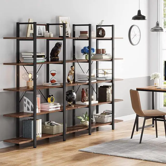 Alt view image 4 of 7 - Tribesigns 5-Tier Bookshelf, Vintage Industrial Style Bookcase 72 H x 12 W x 47L Inches, Retro Brown