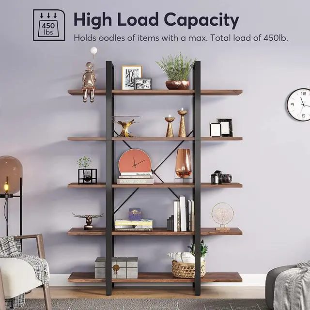 Alt view image 5 of 7 - Tribesigns 5-Tier Bookshelf, Vintage Industrial Style Bookcase 72 H x 12 W x 47L Inches, Retro Brown