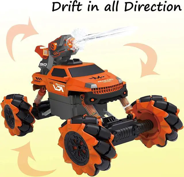 Alt view image 3 of 7 - Vaiyer RC Rechargeable, Remote Control Stunt Car for Kids w/ 2-in-1 Interchangeable Toy Bubble Blaster and Water Gun Tops, Rock Crawler Off Road Vehicle w/ 360 Degree Movement (Orange)