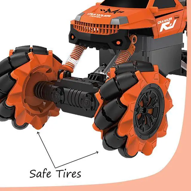 Alt view image 6 of 7 - Vaiyer RC Rechargeable, Remote Control Stunt Car for Kids w/ 2-in-1 Interchangeable Toy Bubble Blaster and Water Gun Tops, Rock Crawler Off Road Vehicle w/ 360 Degree Movement (Orange)