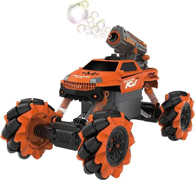Main image of Vaiyer RC Rechargeable, Remote Control Stunt Car for Kids w/ 2-in-1 Interchangeable Toy Bubble Blaster and Water Gun Tops, Rock Crawler Off Road Vehicle w/ 360 Degree Movement (Orange)