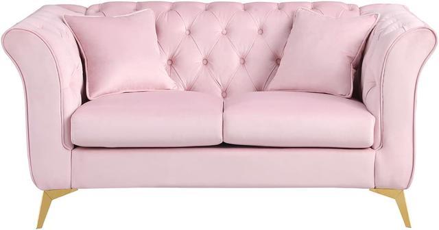 Chesterfield sofa ,Stanford sofa , high quality Chesterfield sofa ,Pink color , tufted and wrinkled fabric Stanford sofa .loverseater; tufted with scroll arm and scroll back Sofas & Sectionals -