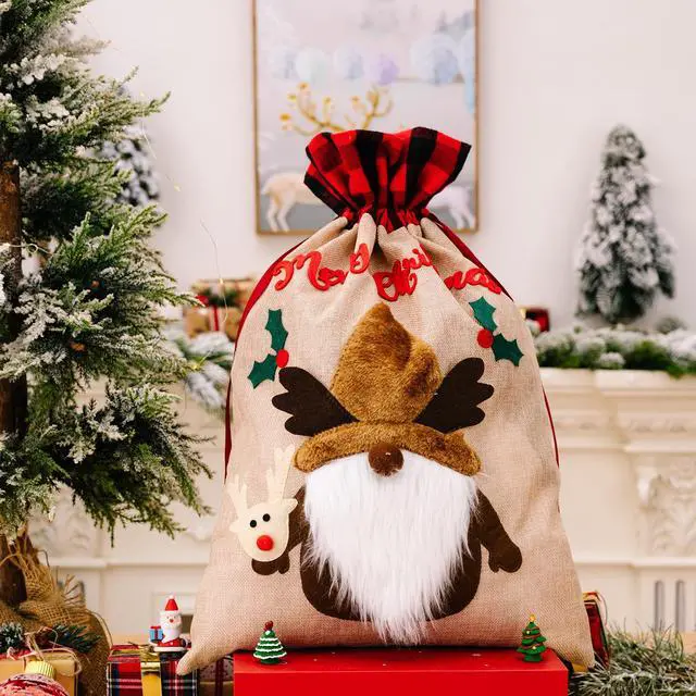 Main image of Christmas New Decorative Gift Bag Old Man Snowman Deer Hemp Plaid Edge Gift Bag Holiday Atmosphere Decoration Supplies
