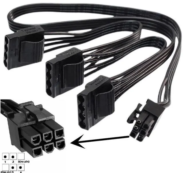 Alt view image 3 of 3 - for EVGA Modular PSU Hard Drive HDD Power Adapter Cable 6 Pin to 3X 4 Pin Power Cable only for EVGA G1/G1+/G2/G3/G5/GS/GA/GM, B2/B2/BQ, P2/1000PS/T2, Supernova nex650g/ 450GM/550GM