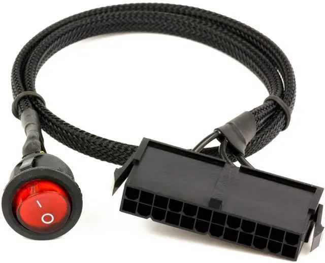 Main image of 24 Pin ATX Red LED Power On/Off Switch Jumper Bridge Adapter Braided Cable Black Sleeved 22" Turn On/Off Your 24 Pin/20 Pin ATX Power Supply with Braided Sleeves